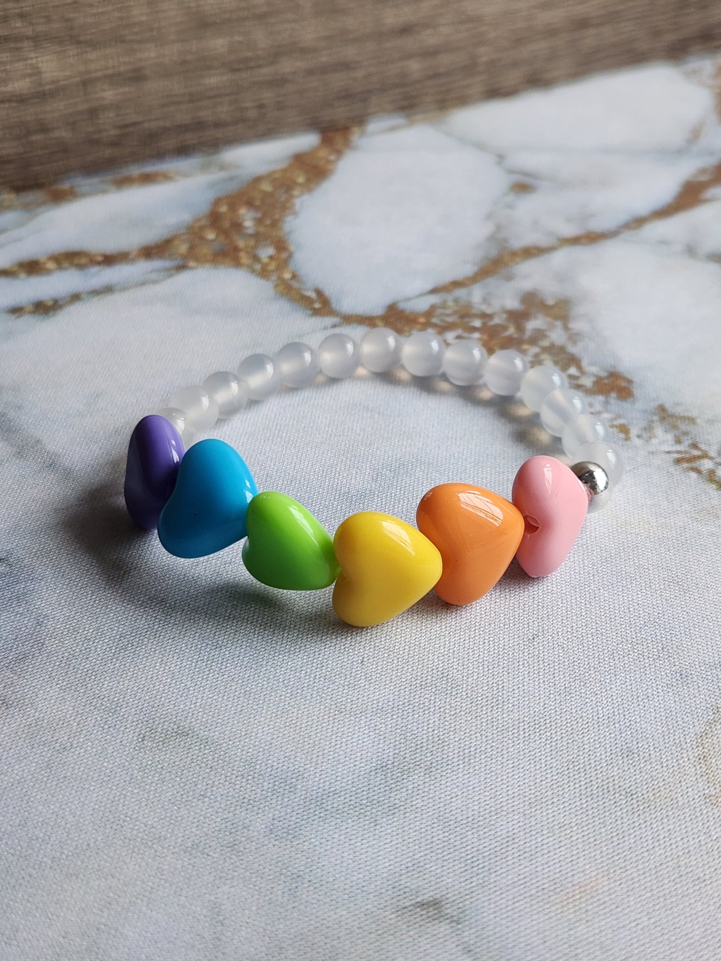 Rainbow Hearts Obsidian and White Quartz Bracelet