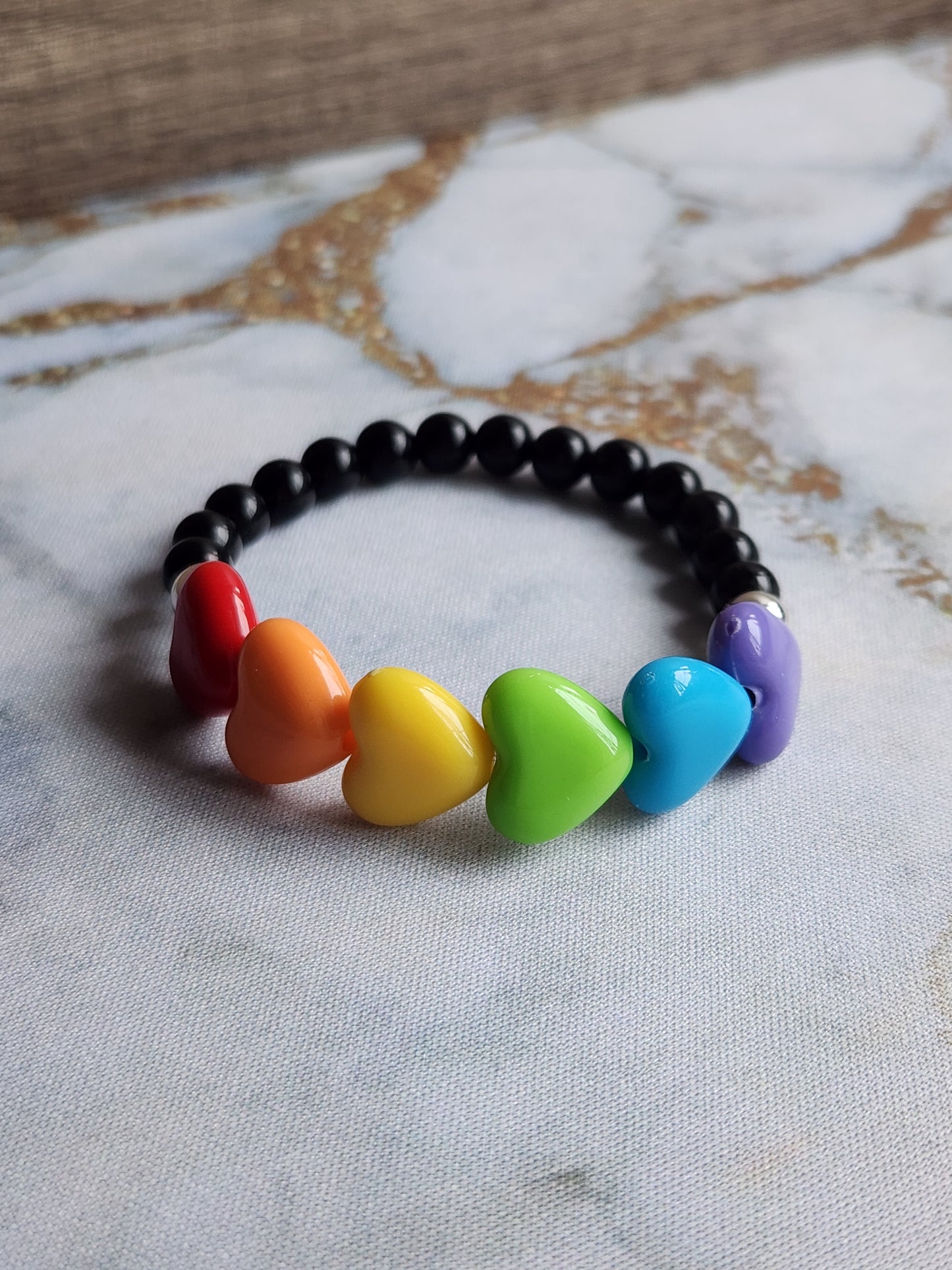 Rainbow Hearts Obsidian and White Quartz Bracelet
