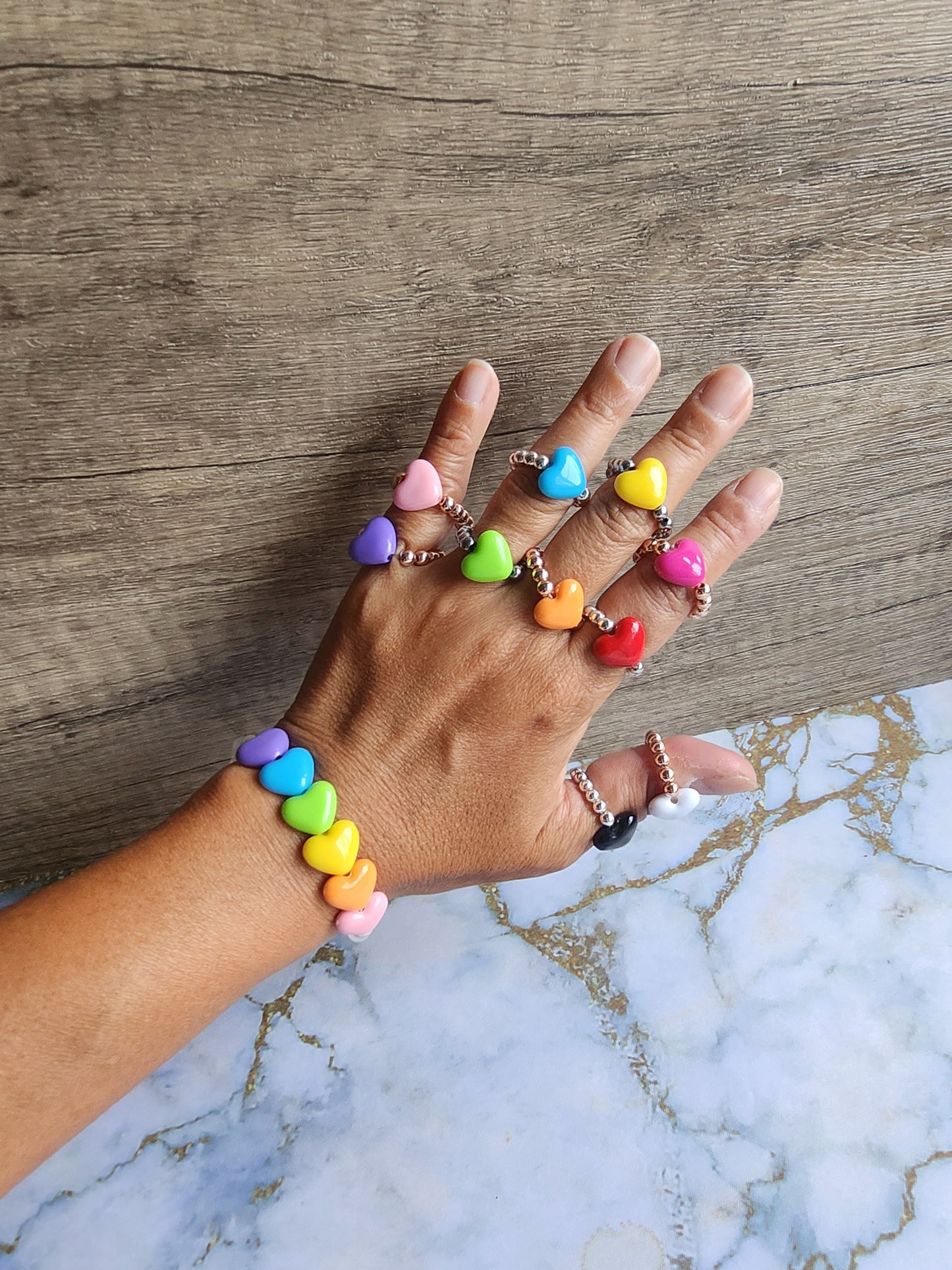 Rainbow Hearts Obsidian and White Quartz Bracelet