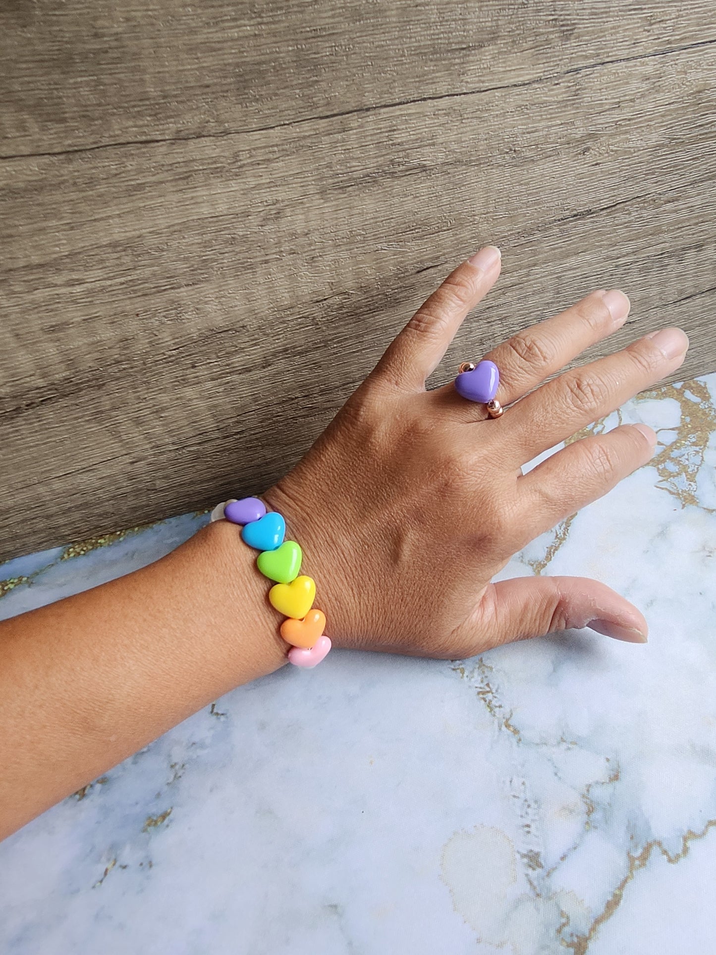 Rainbow Hearts Obsidian and White Quartz Bracelet