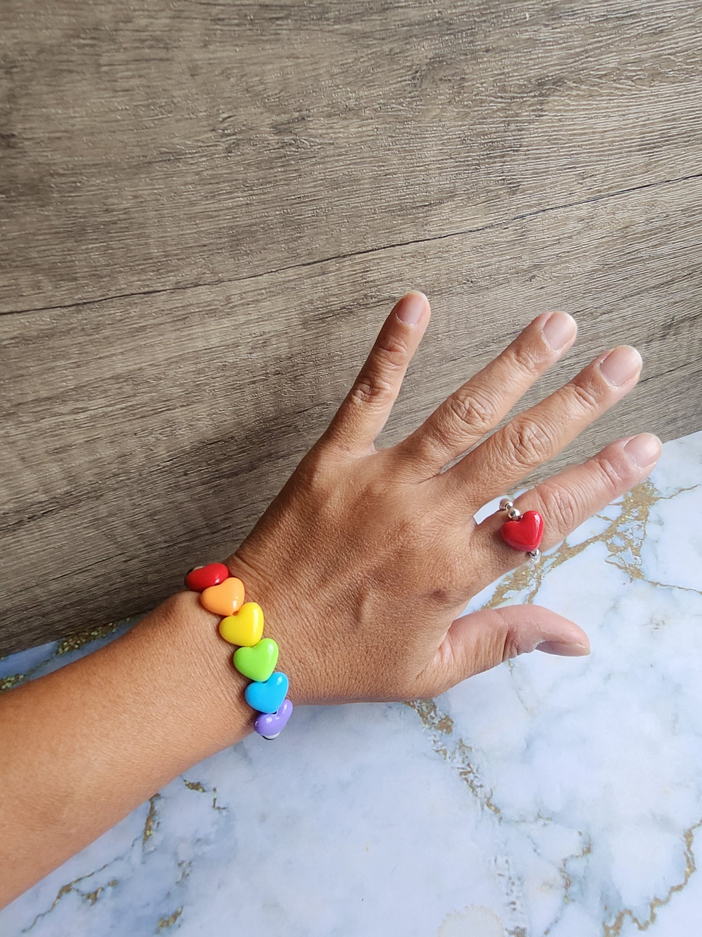 Rainbow Hearts Obsidian and White Quartz Bracelet