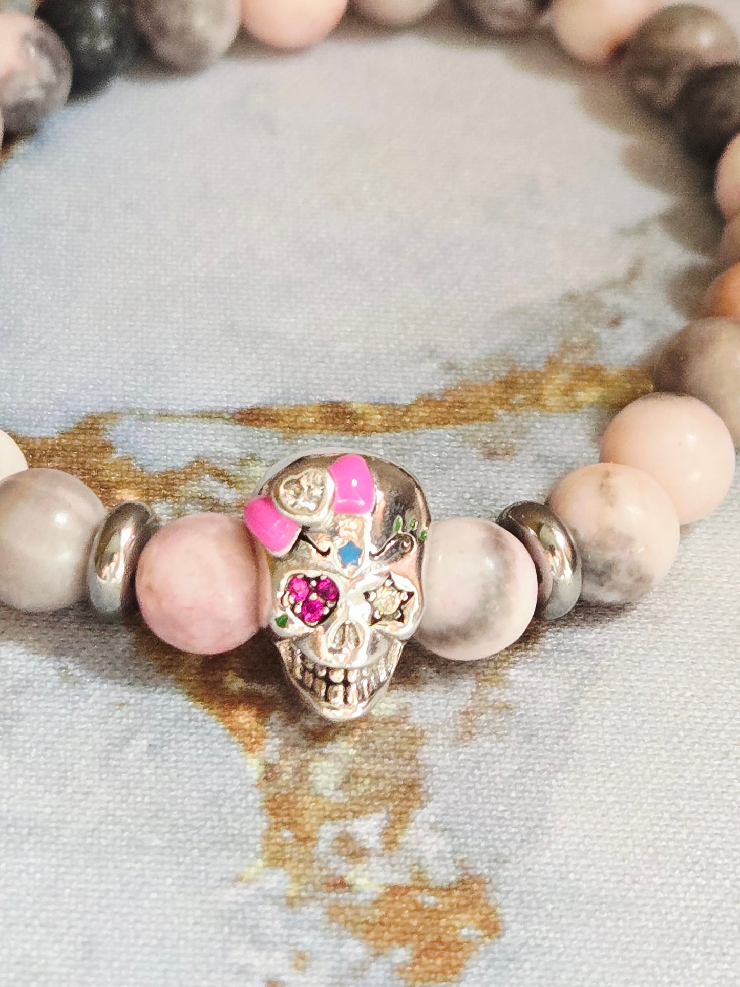 Rhodochrosite Skull Bracelet