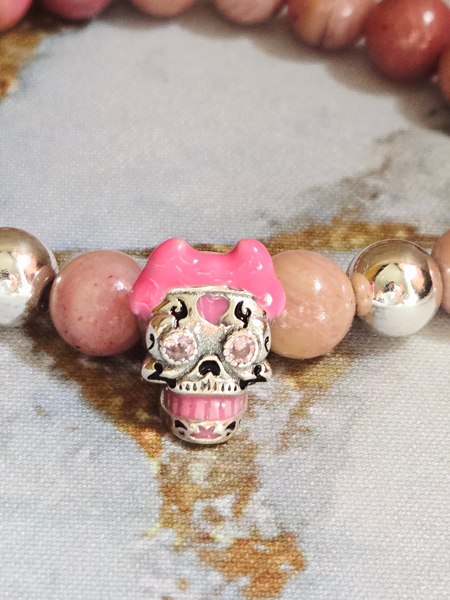 Rhodochrosite Skull Bracelet
