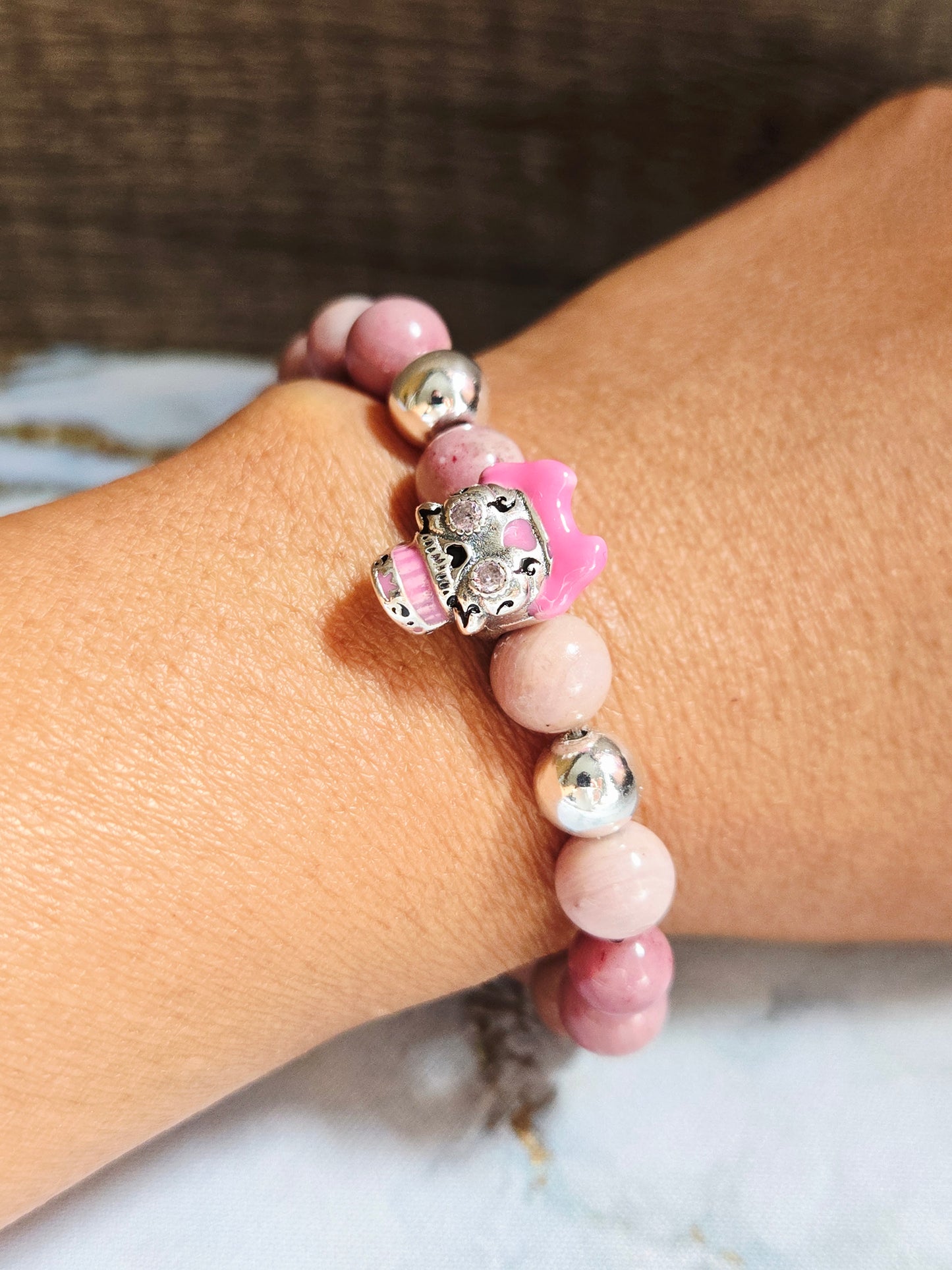 Rhodochrosite Skull Bracelet
