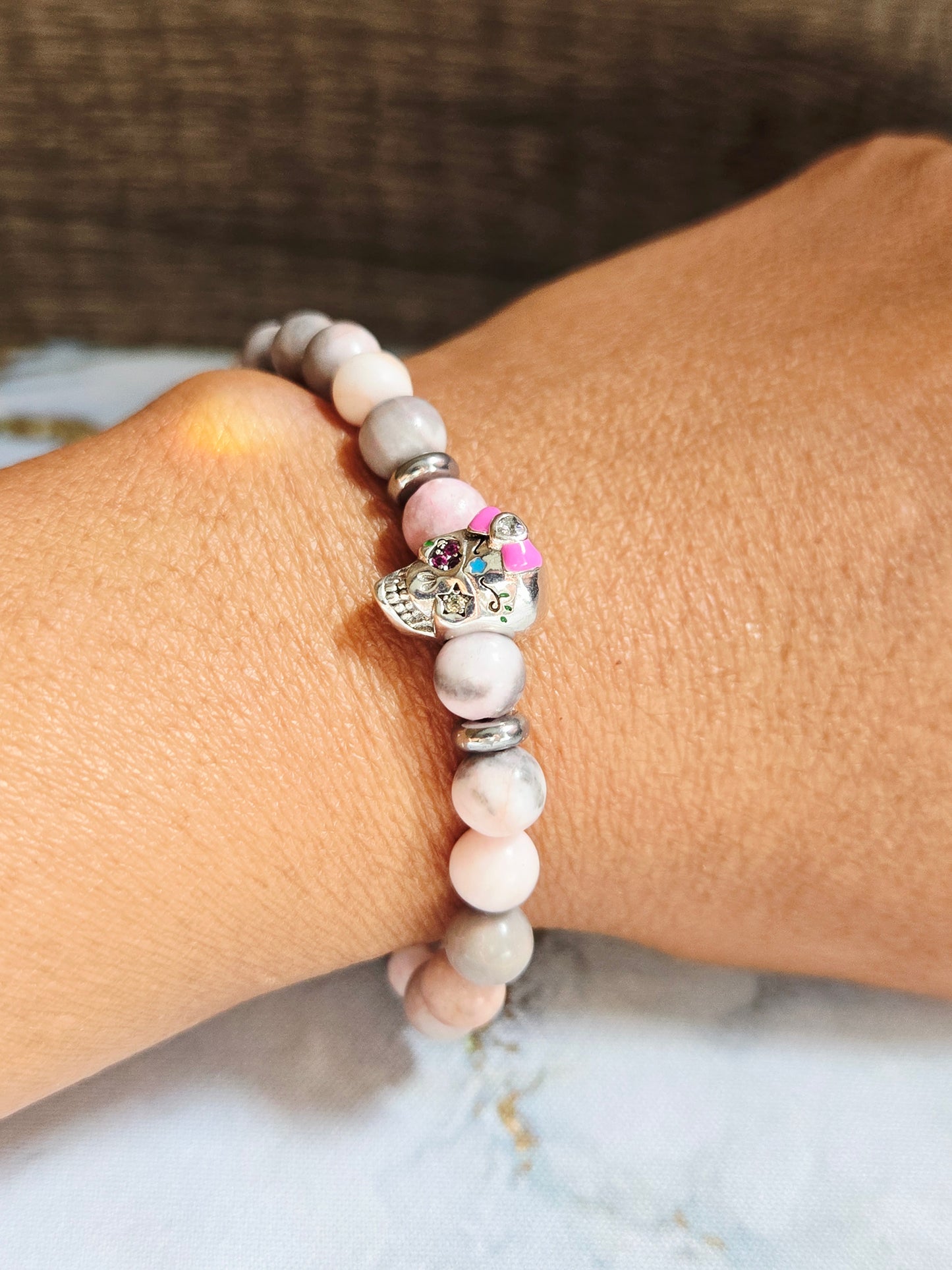 Rhodochrosite Skull Bracelet