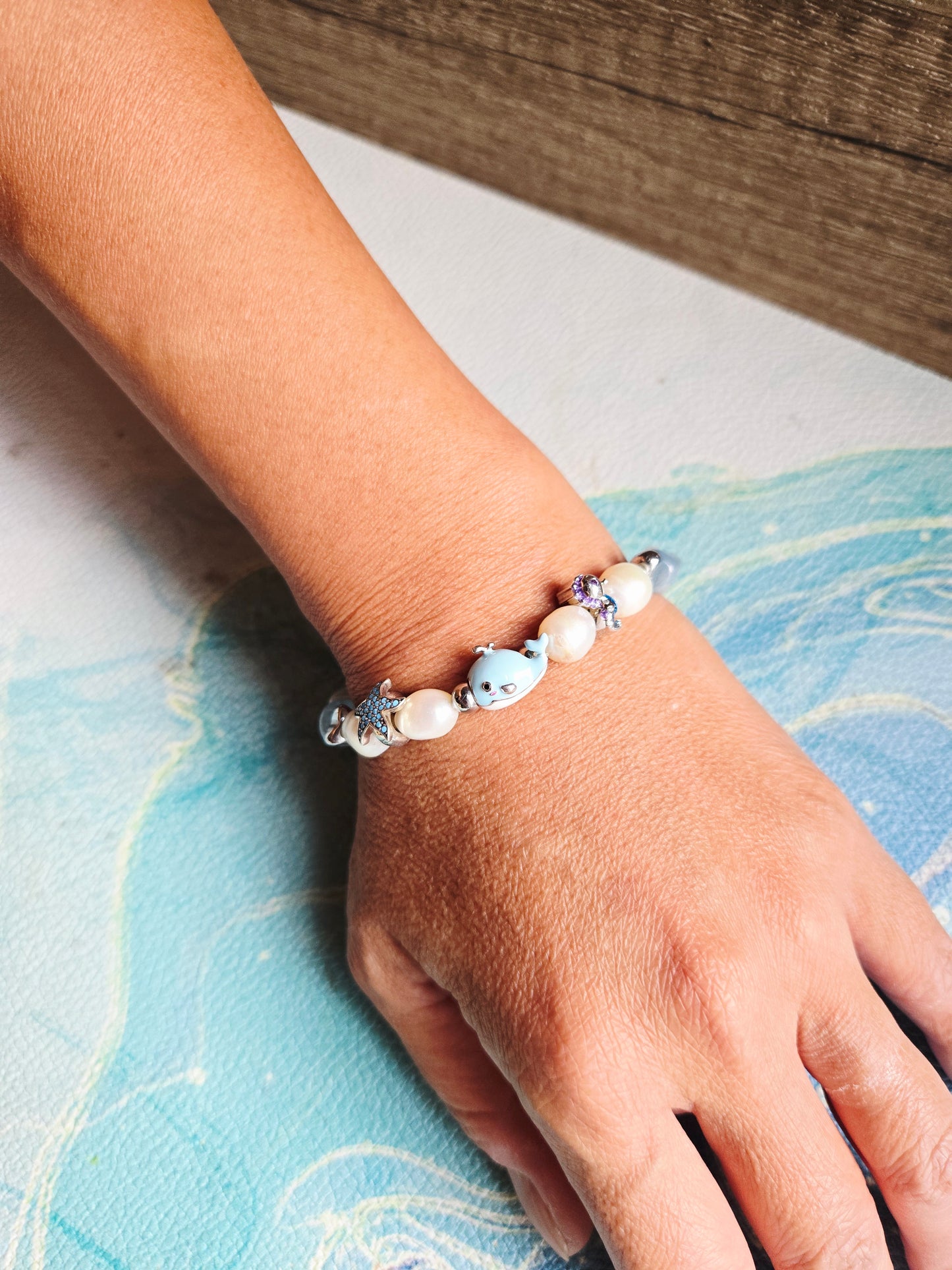 Boho Mermaid Aquamarine Pearl Charm Bracelet