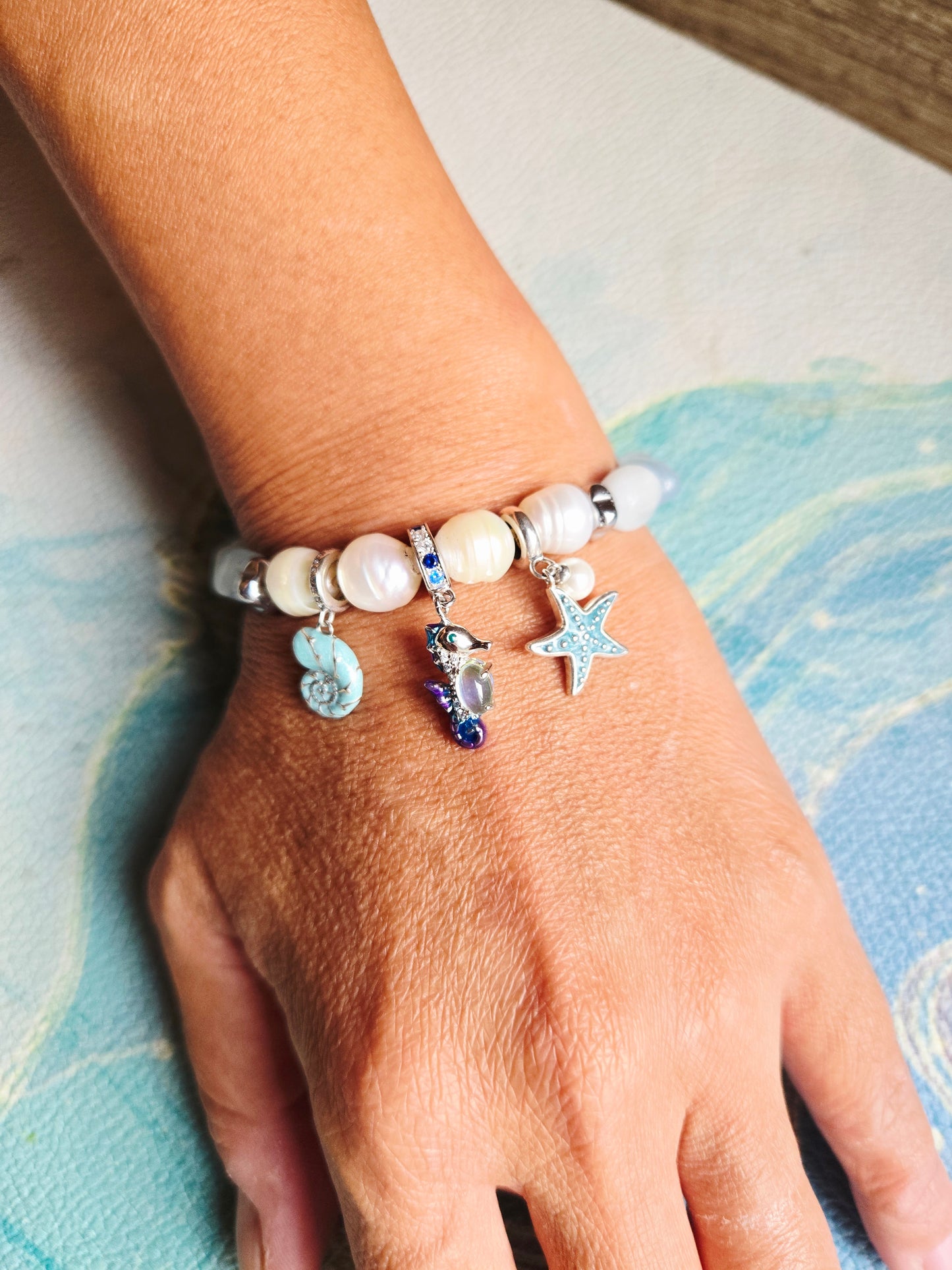 Boho Mermaid Aquamarine Pearl Charm Bracelet
