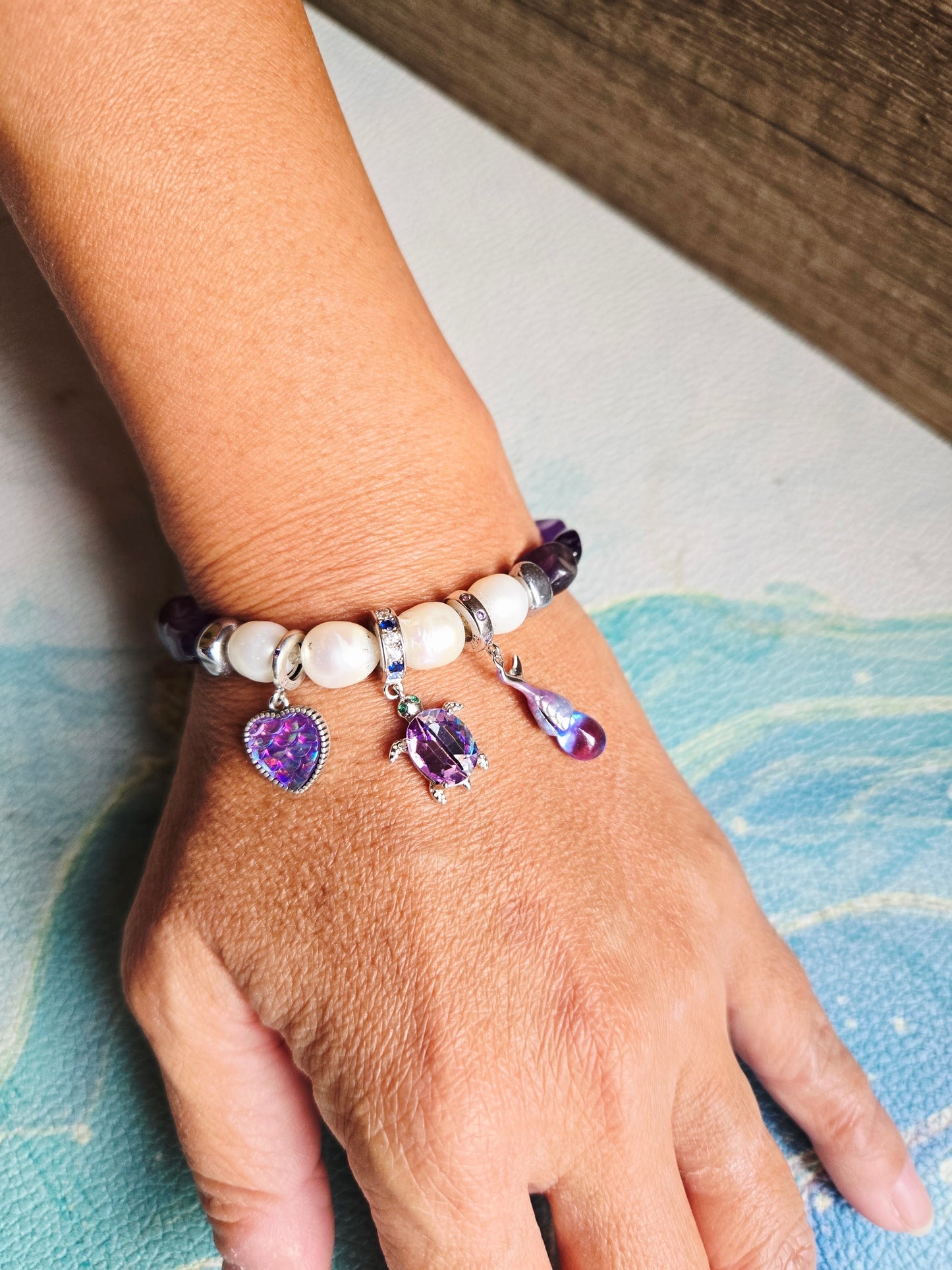Boho Mermaid Amethyst Pearl Charm Bracelet