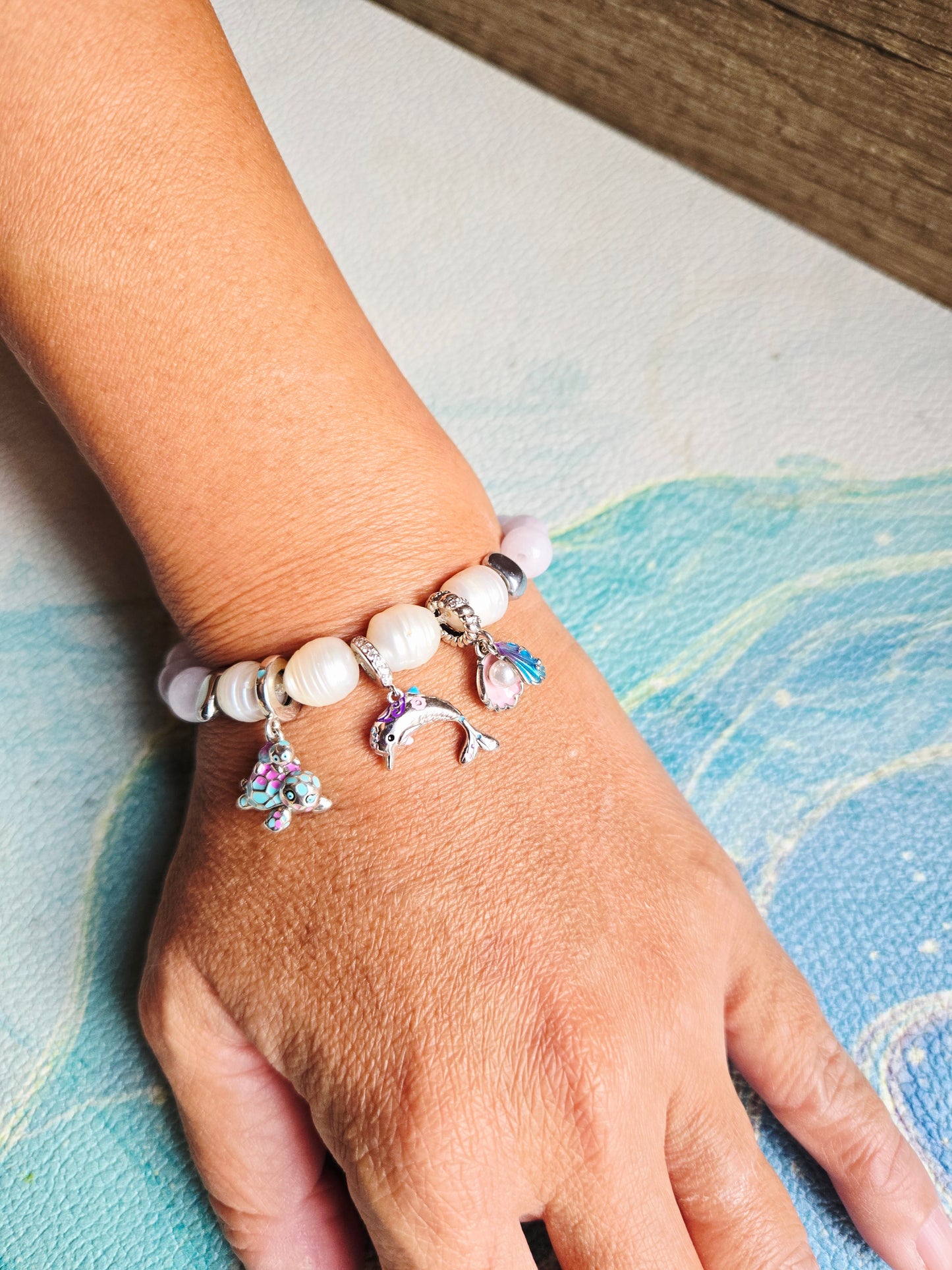 Boho Mermaid Blue Chalcedony Pearl Charm Bracelet