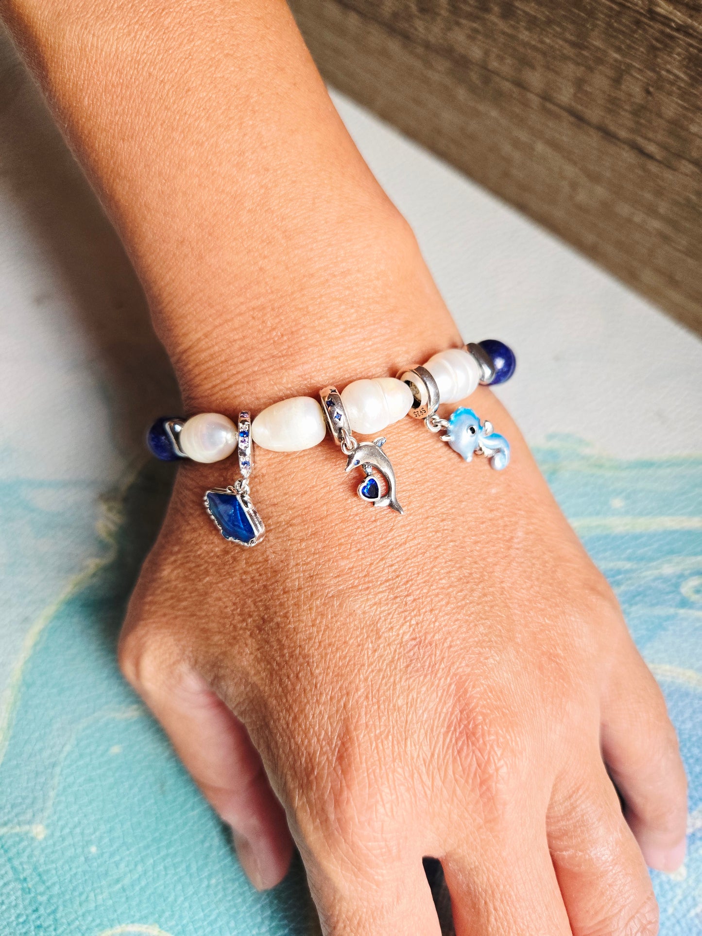 Boho Mermaid Lapis Lazuli Pearl Charm Bracelet