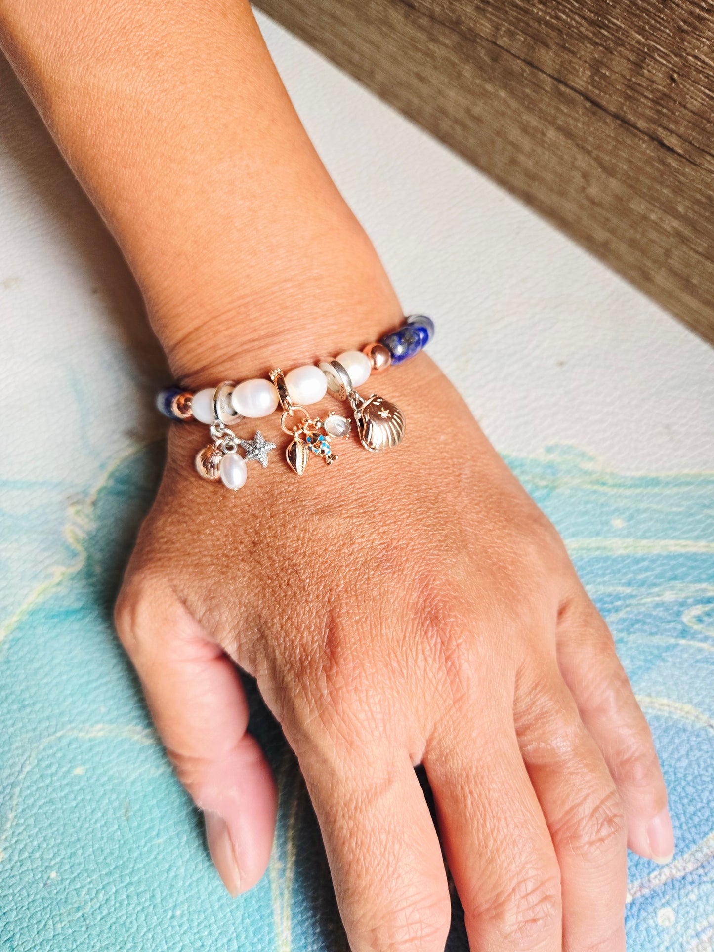 Boho Mermaid Lapis Lazuli Pearl Charm Bracelet