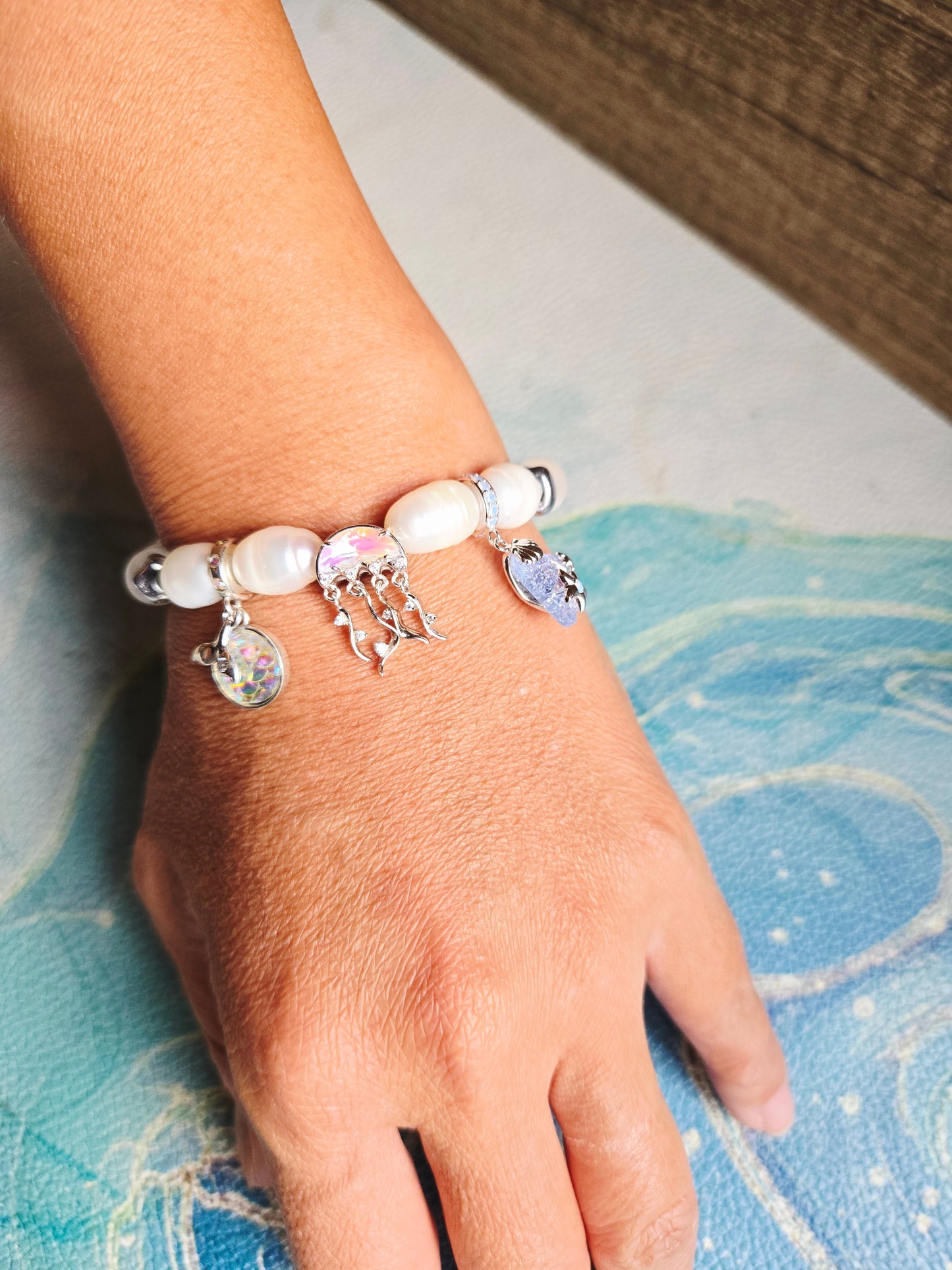 Boho Mermaid Moonstone Pearl Charm Bracelet