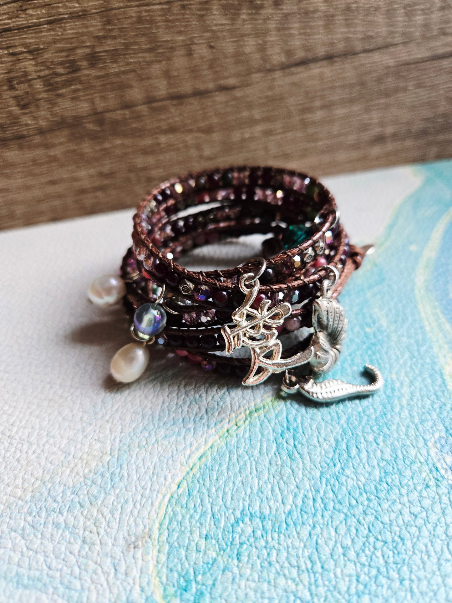 Boho Mermaid Brown and Red Agate Wrap Leather Bracelet