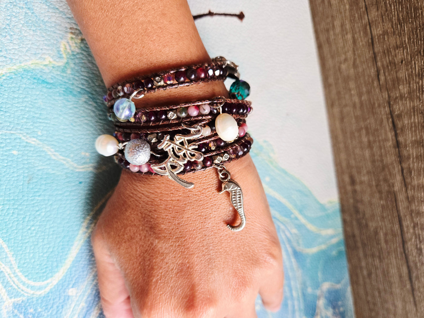 Boho Mermaid Brown and Red Agate Wrap Leather Bracelet