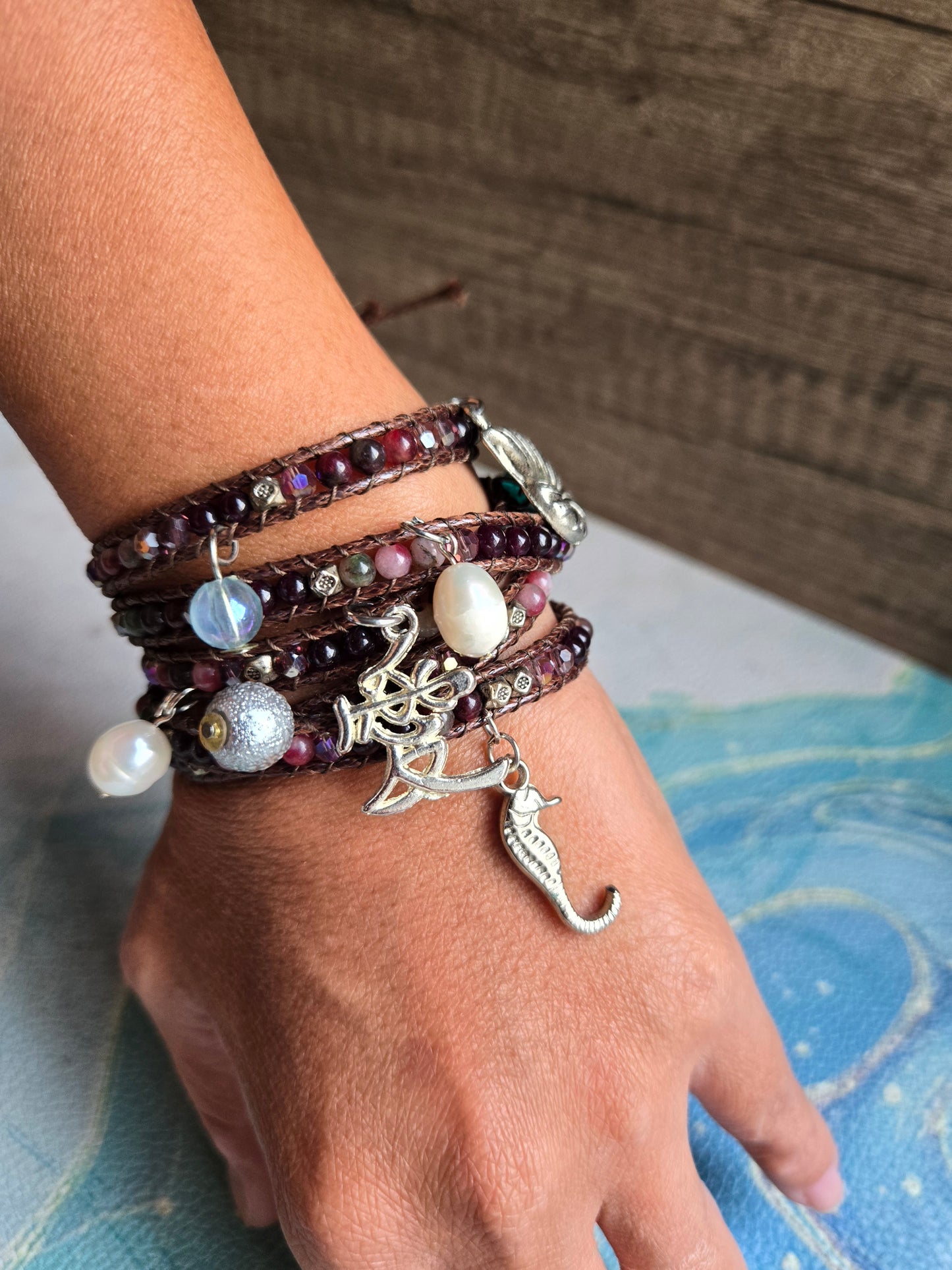 Boho Mermaid Brown and Red Agate Wrap Leather Bracelet