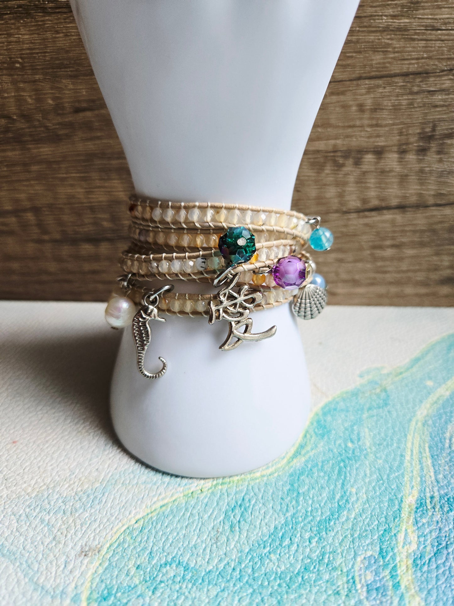 Boho Mermaid Light Brown Agate Wrap Leather Bracelet
