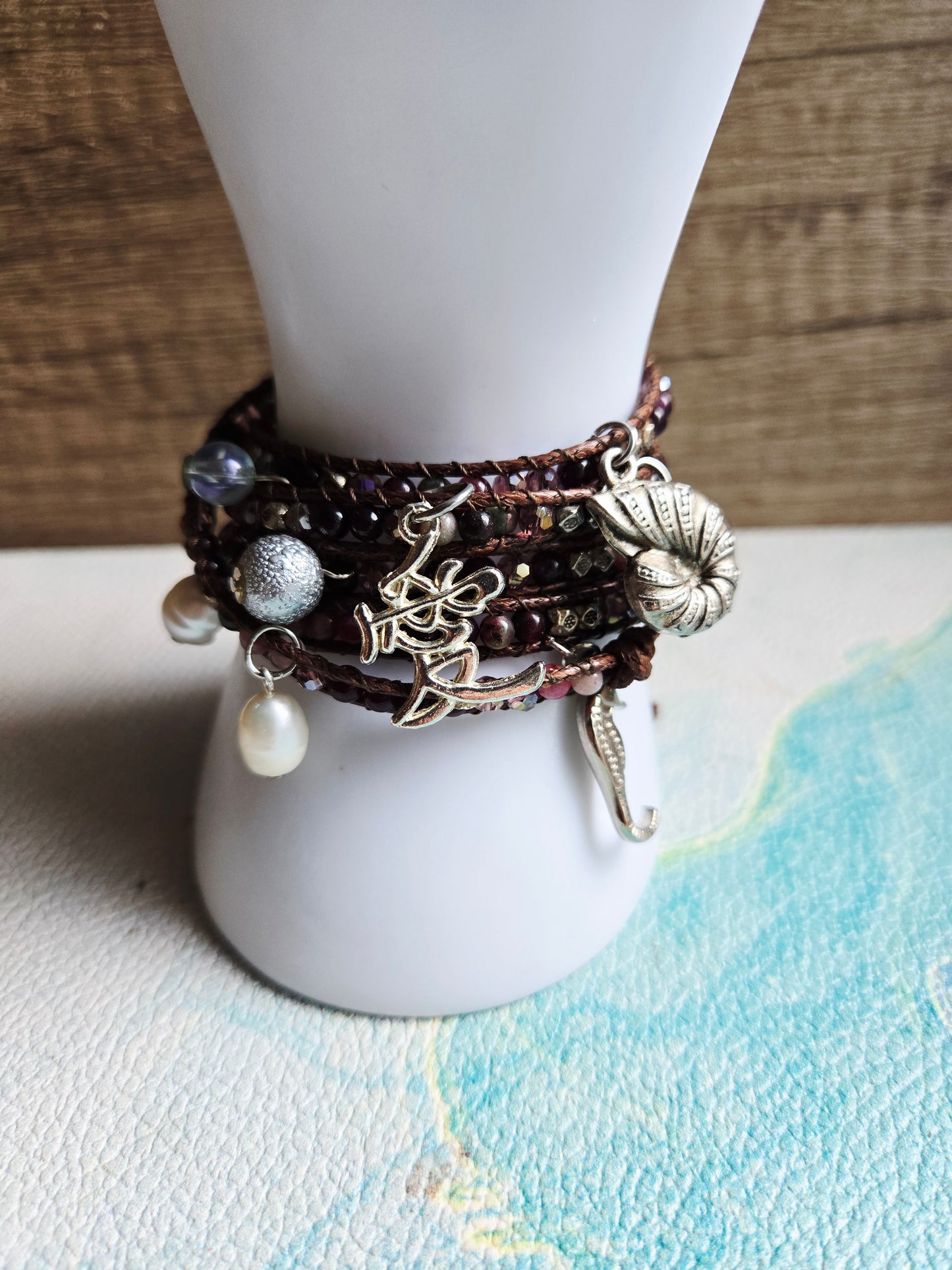 Boho Mermaid Brown and Red Agate Wrap Leather Bracelet