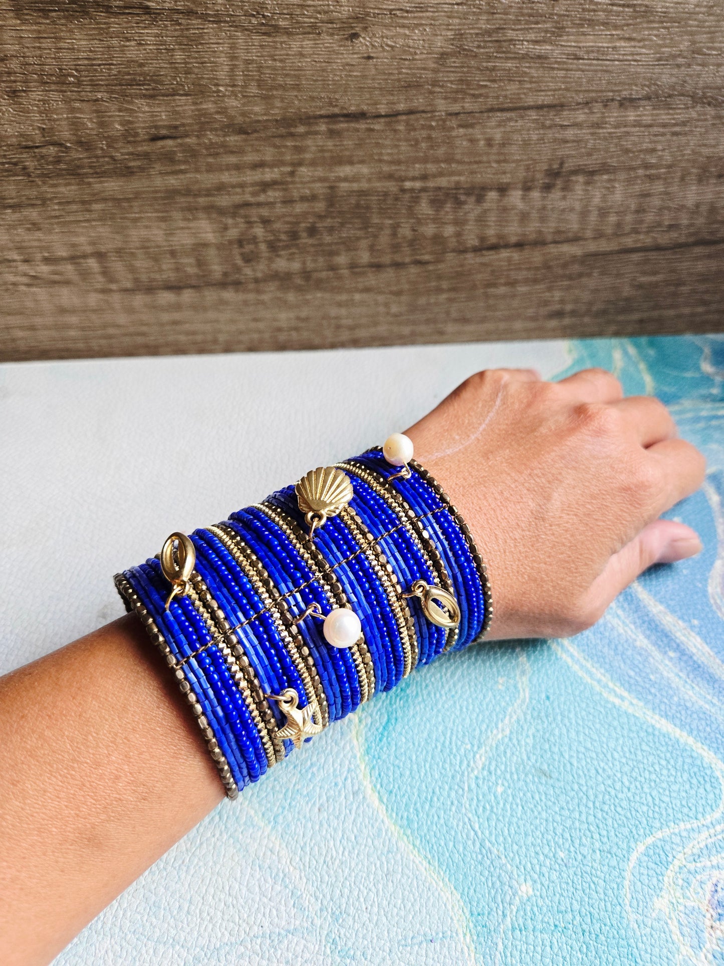 Boho Mermaid Royal Blue Crystal Pearl Bracelet Cuff