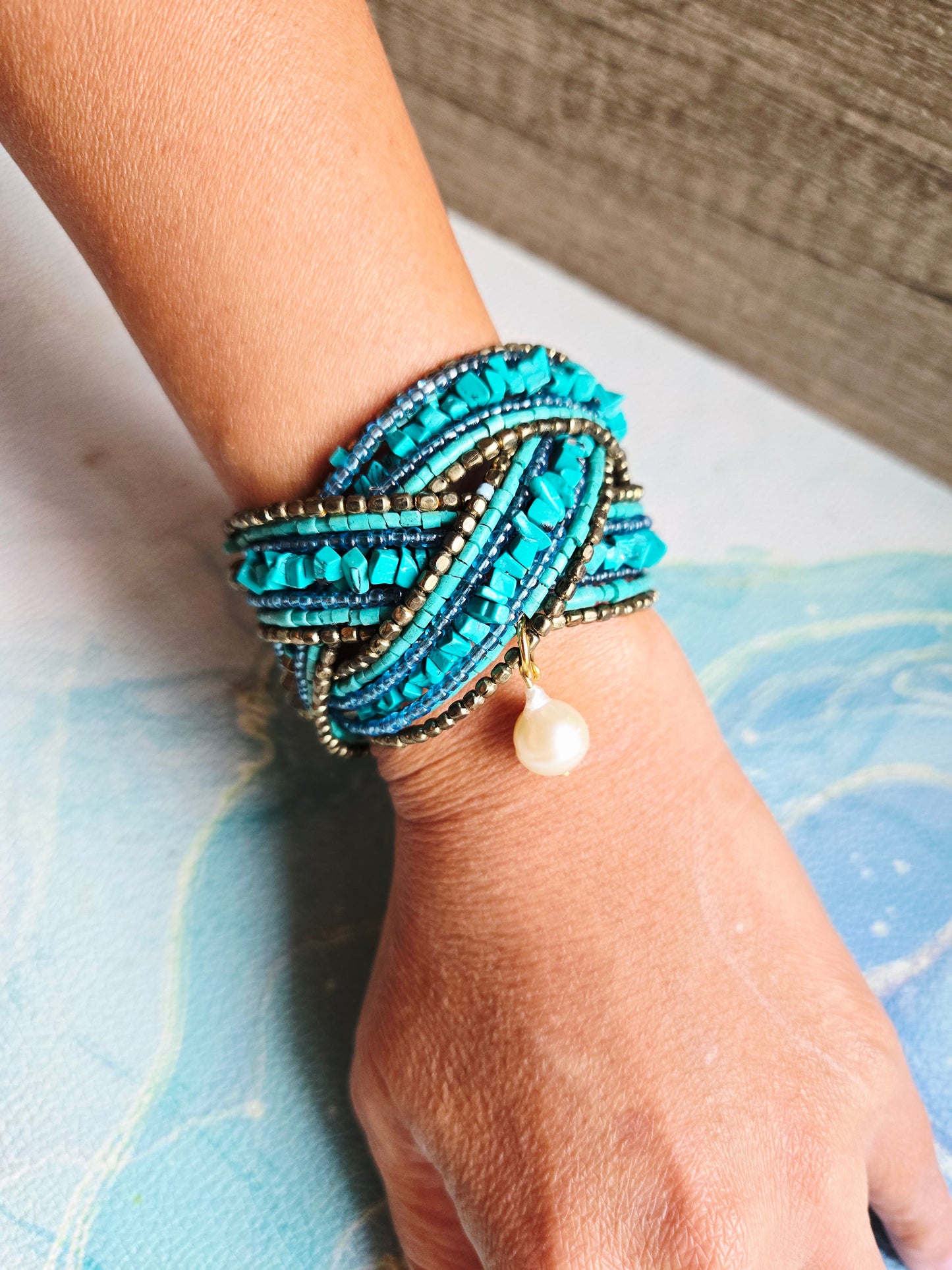 Boho Mermaid Turquoise Pearl Bracelet Cuff
