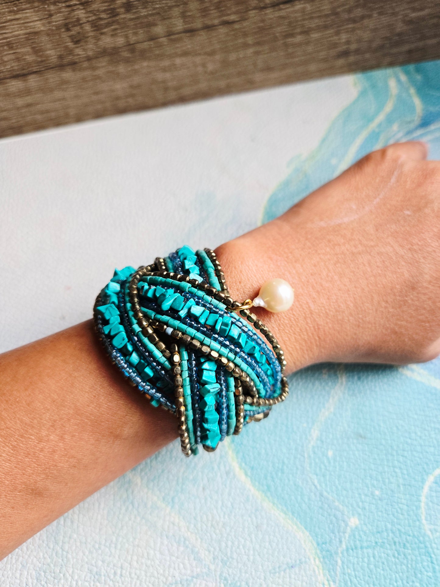 Boho Mermaid Turquoise Pearl Bracelet Cuff