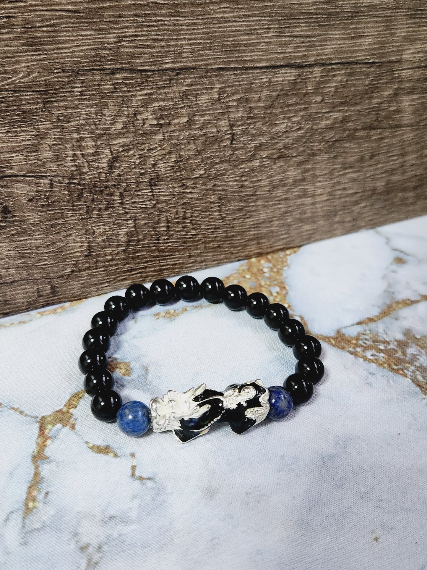 Lapis Lazuli and Obsidian Pixiu bracelet