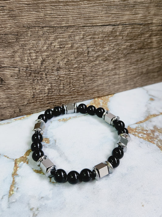 Obsidian bracelet with stainless steel beads