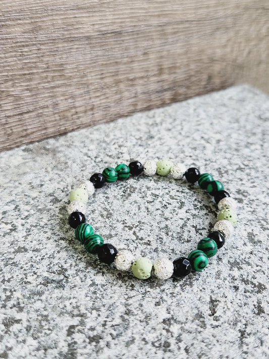 Malachite, Obsidian and green lava stone bracelet