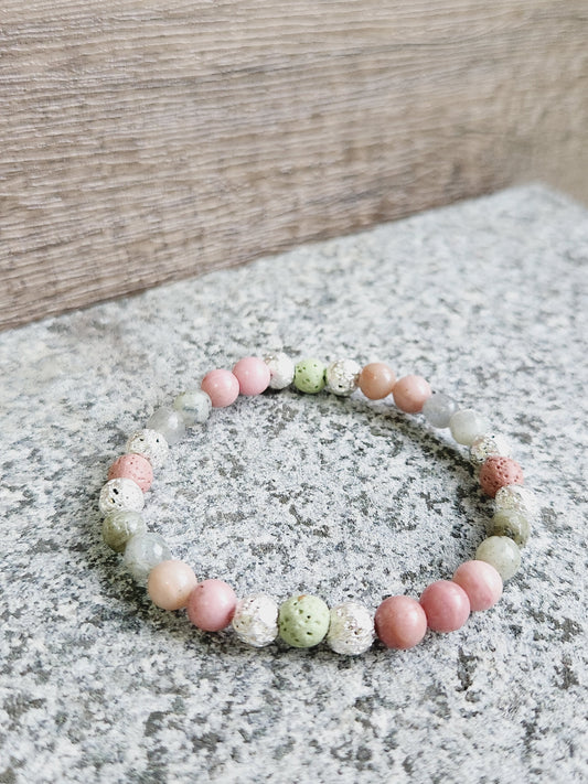 Green moonstone, Rhodochrosite & green lava stone bracelet