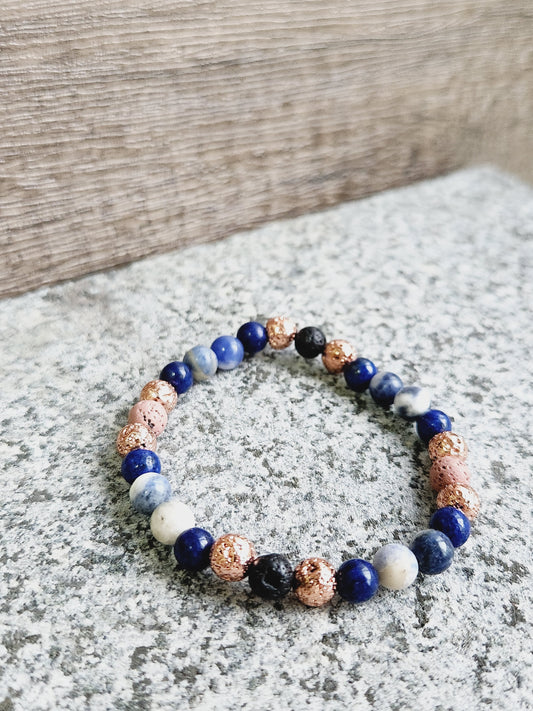 Sodalite, Lapis Lazuli & pink lava stone bracelet