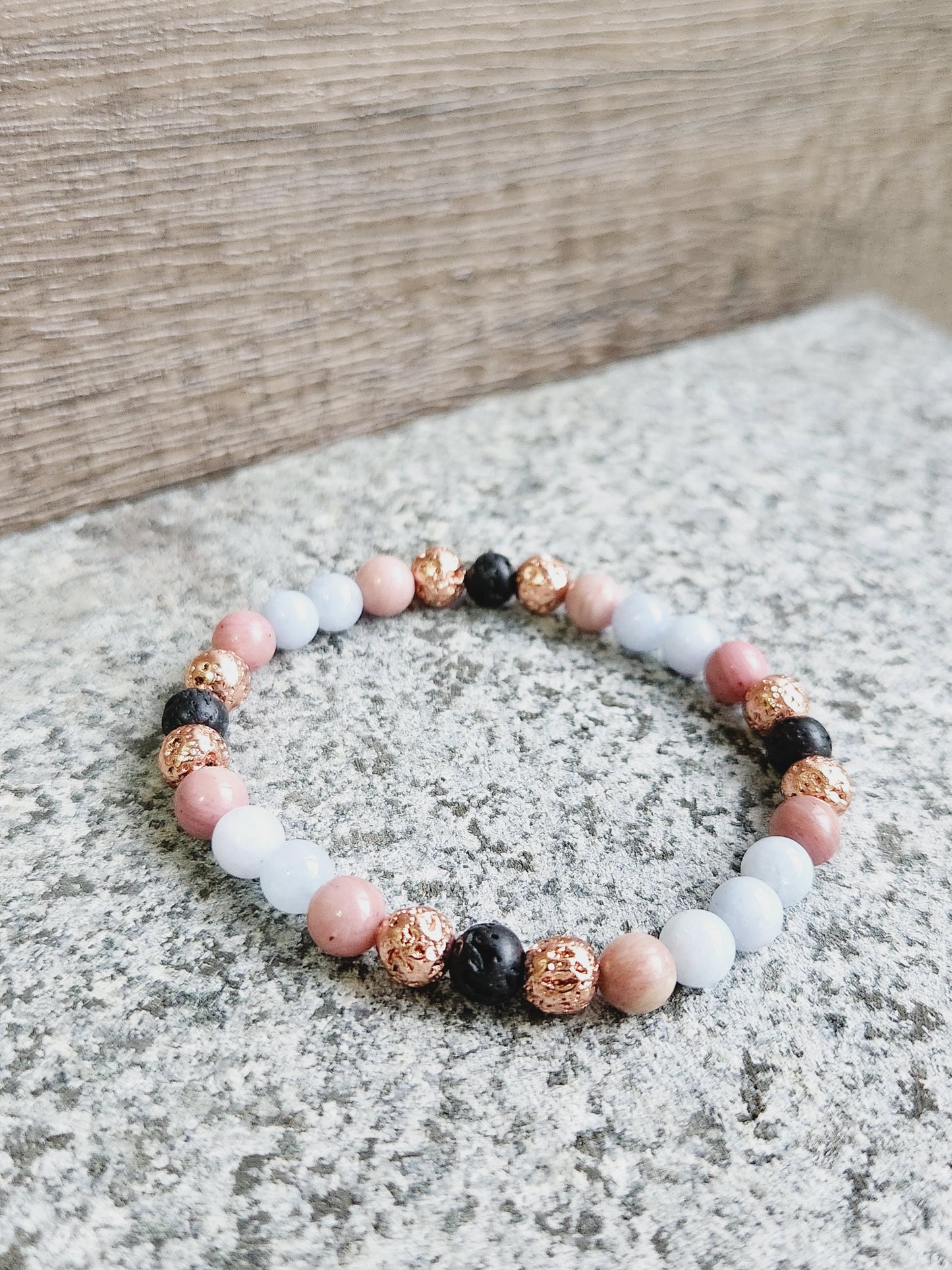 Aquamarine, Rhodochrosite & black lava stone bracelet