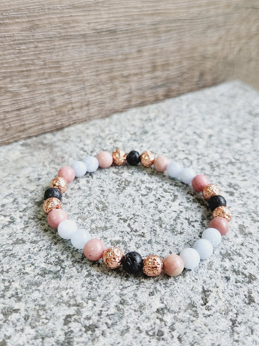 Aquamarine, Rhodochrosite & black lava stone bracelet