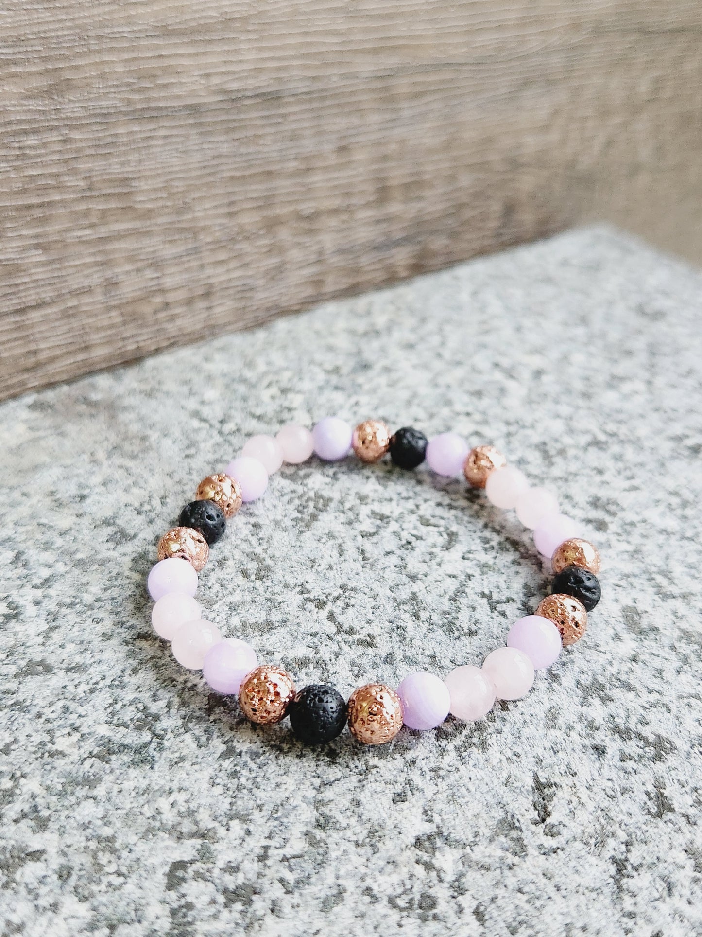 Amethyst, Rose Quartz & black lava stone bracelet
