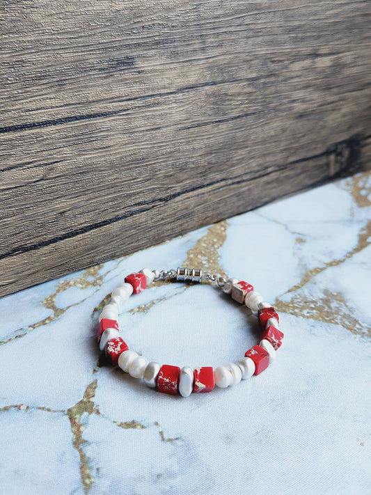 Red jasper and pearl bracelet