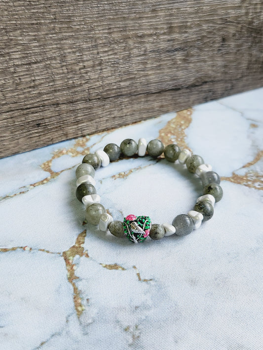 Green Moonstone Bracelet with Heart Charm