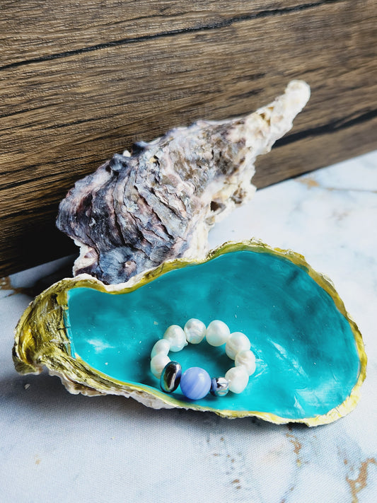 Blue Lace Agate and Pearl Ring