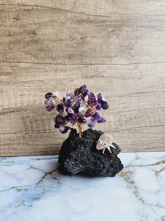 Amethyst, moonstone and lava rock tree