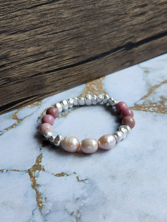 Rhodochrosite and Pink Pearl Bracelet