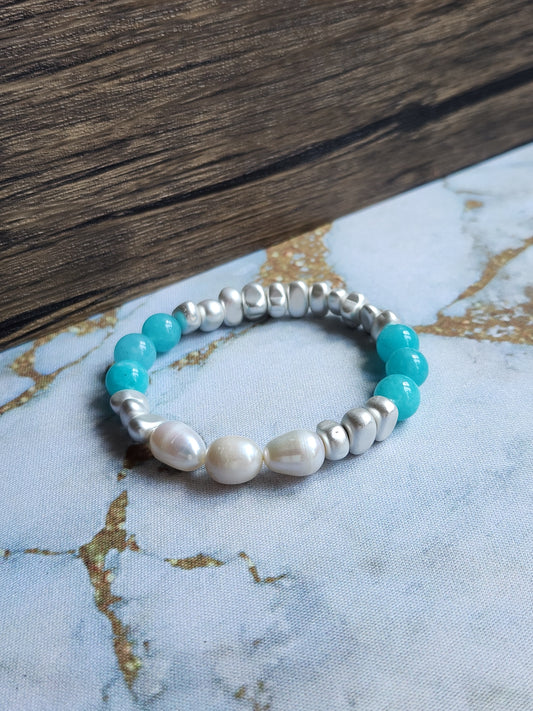 Amazonite and White Pearl Bracelet