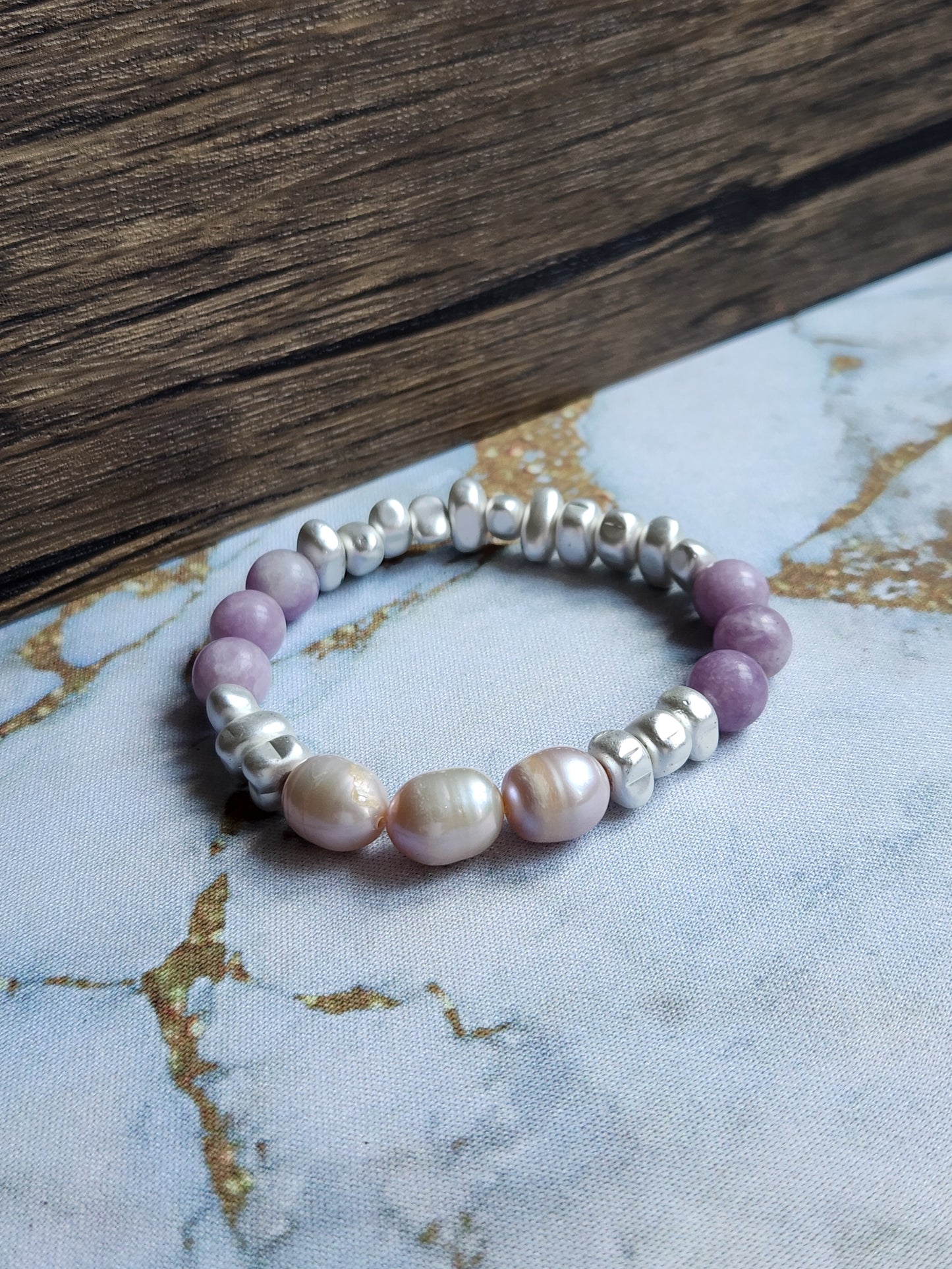 Purple Jade and Pink Pearl Bracelet