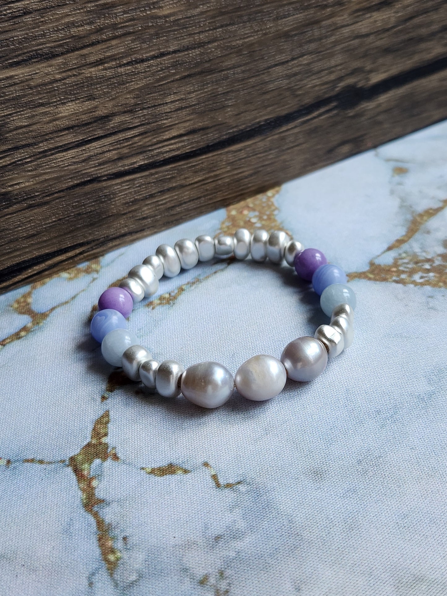 Amethyst, Aquamarine, Blue Lace Agate and Purple Pearl Bracelet