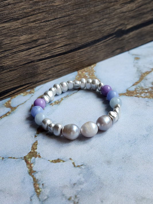 Amethyst, Aquamarine, Blue Lace Agate and Purple Pearl Bracelet