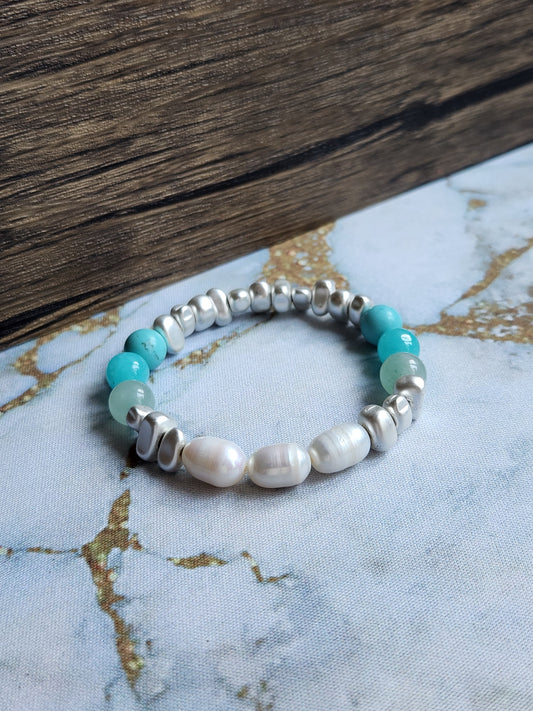 Green Aventurine, Amazonite, Turquoise and White Pearl Bracelet