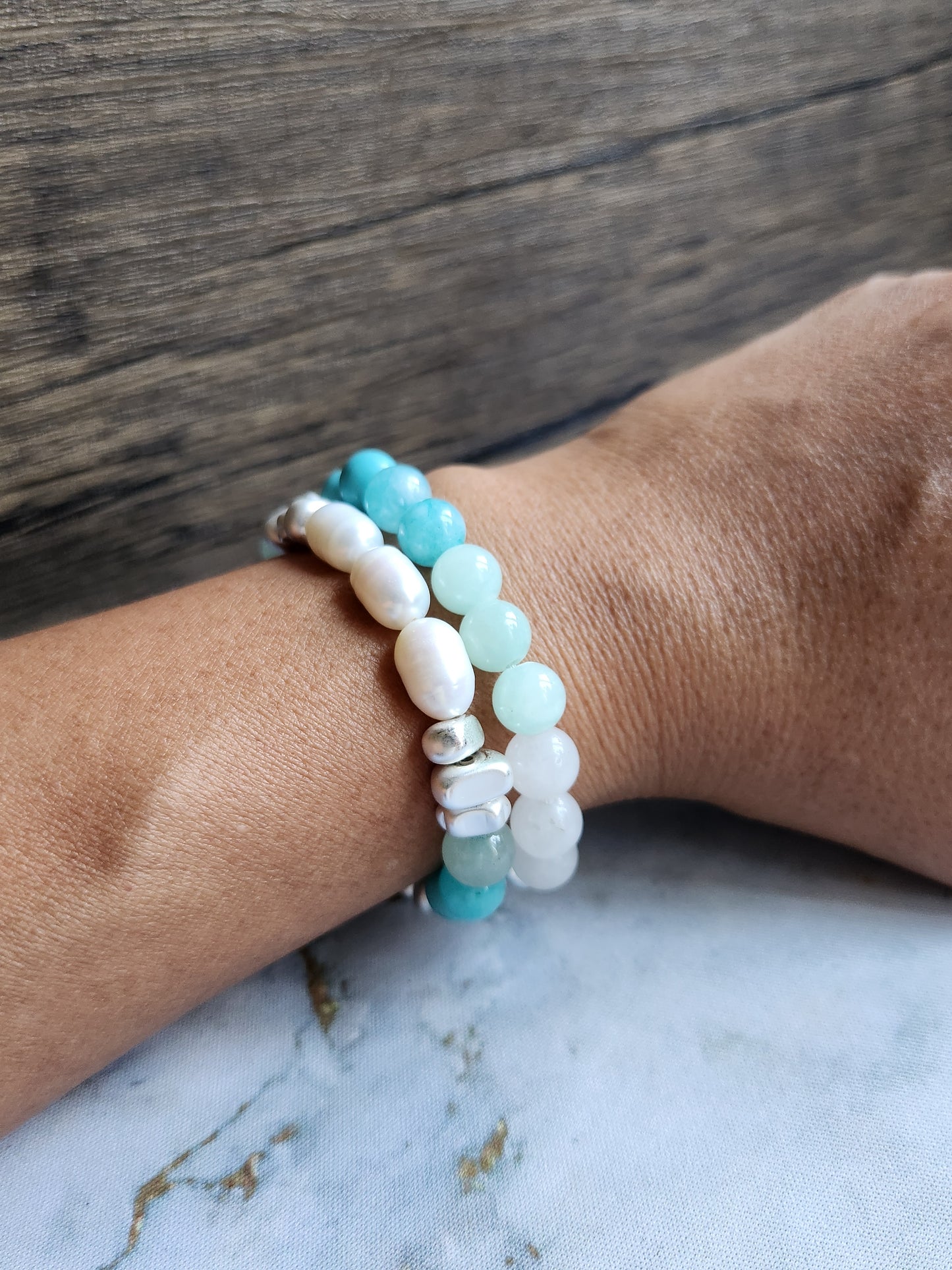 Green Aventurine, Amazonite, Turquoise and White Pearl Bracelet