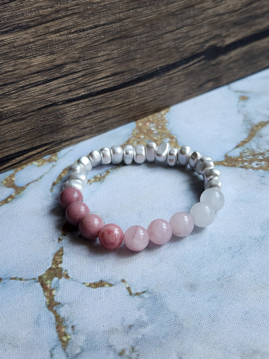 Rhodochrosite, Strawberry Quartz and White Quartz Bracelet