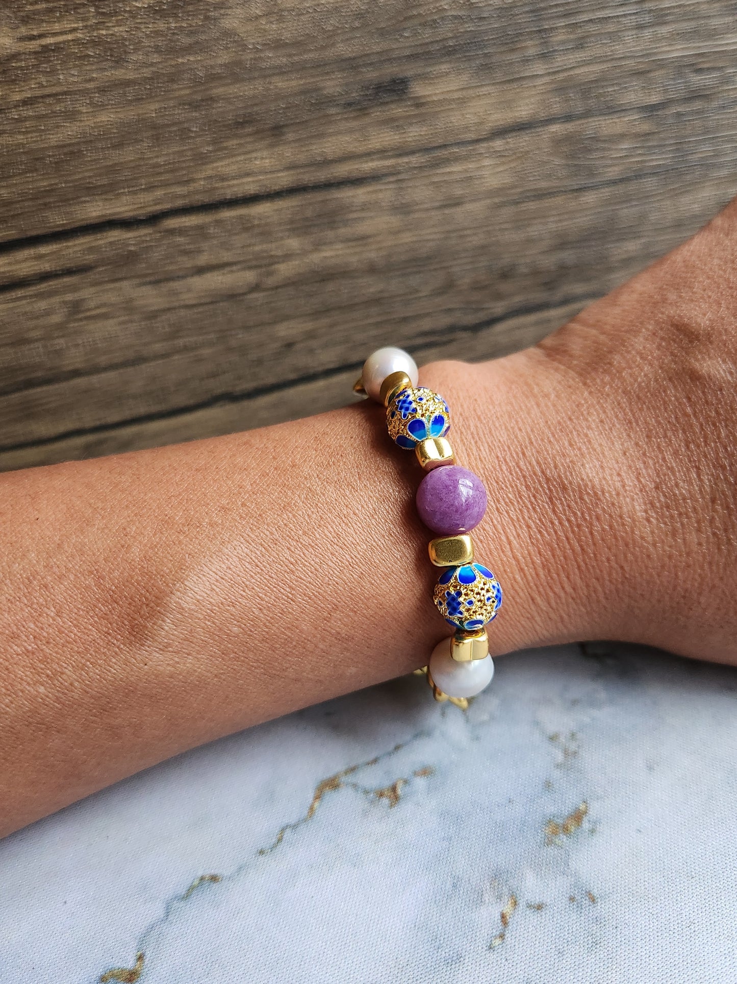 Peranakan Purple Jade and white pearl Bracelet