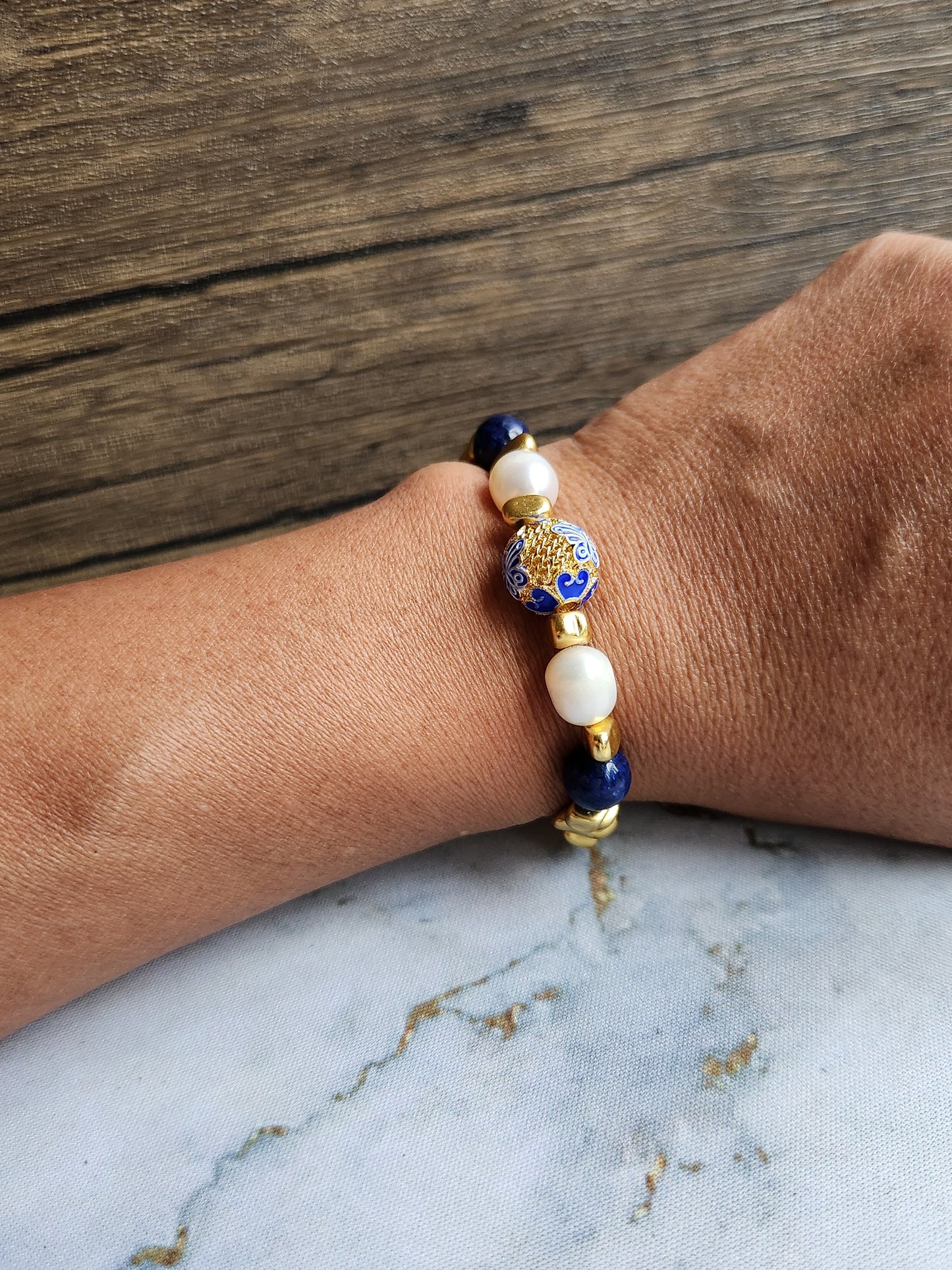 Peranakan Lapis Lazuli and Pearl Bracelet