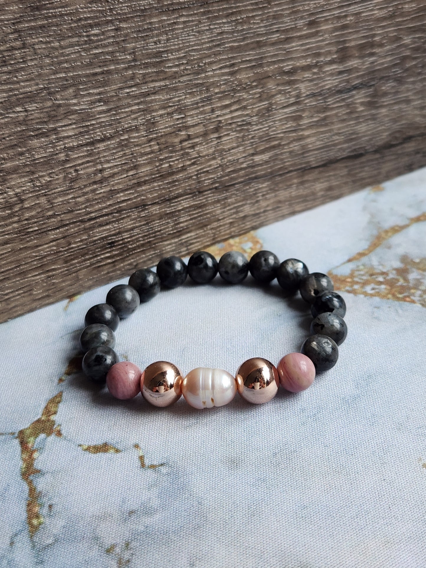 Rose Gold Labradorite, Rhodochrosite and Pearl Bracelet