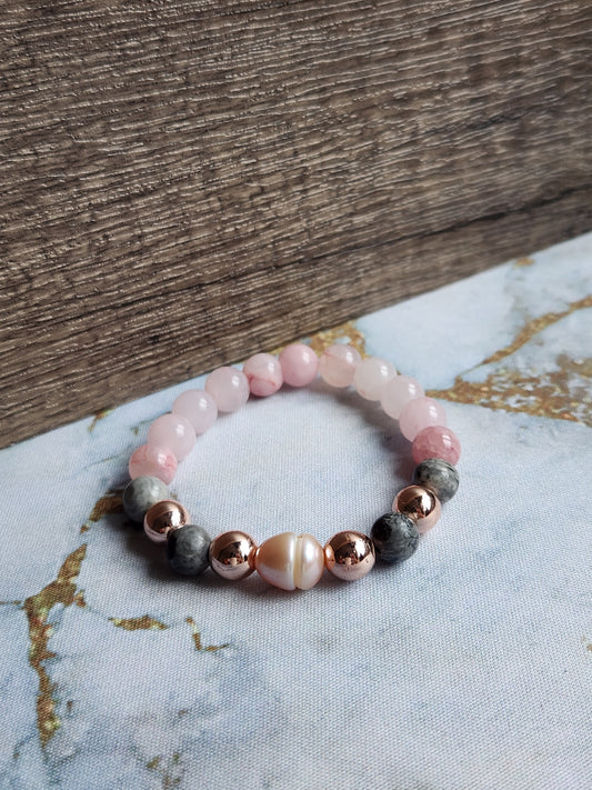 Rose Gold Strawberry Quartz, Grey Jasper and White Pearl Bracelet