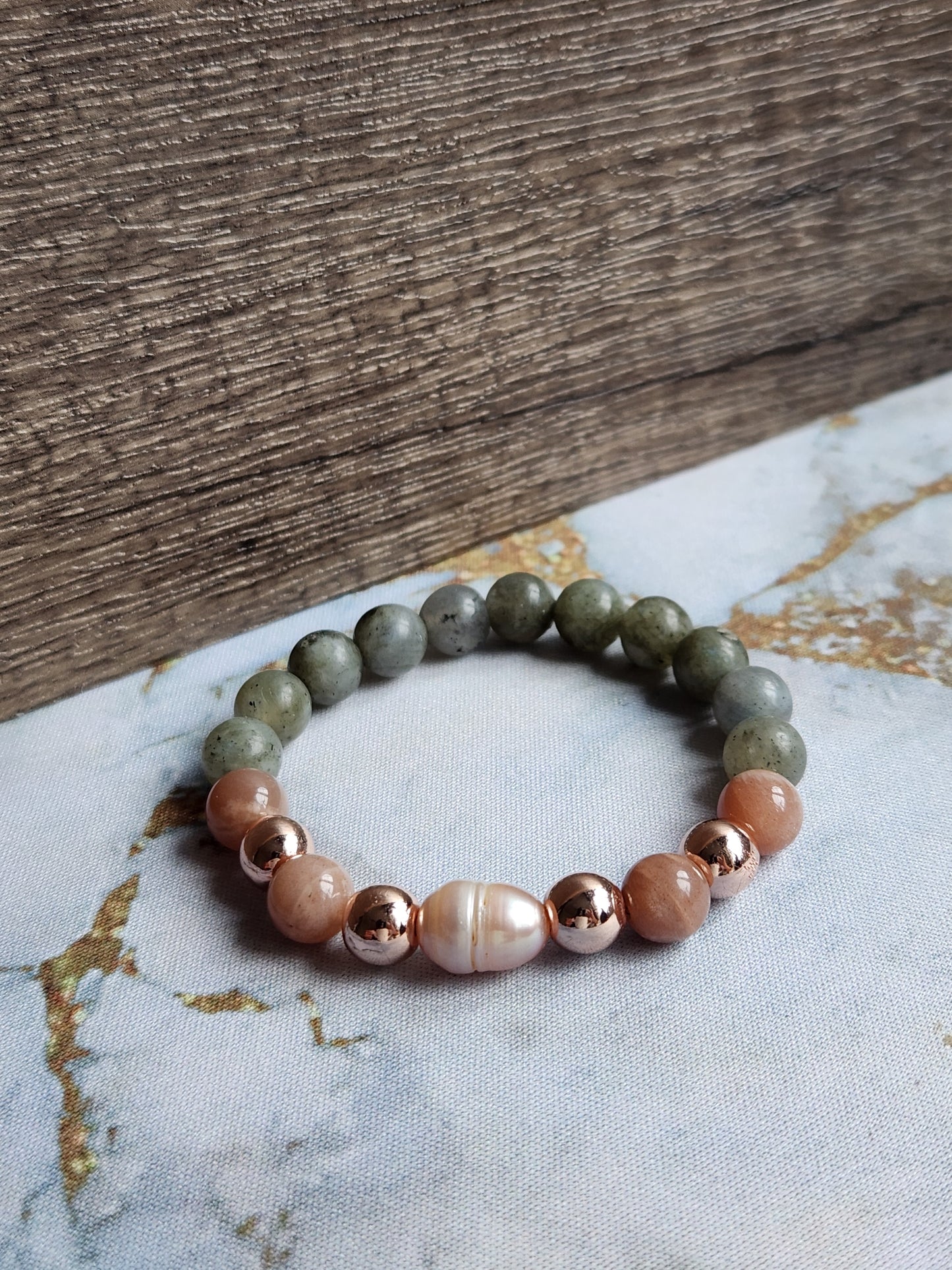 Rose Gold Green Moonstone, Sunstone and Pearl Bracelet