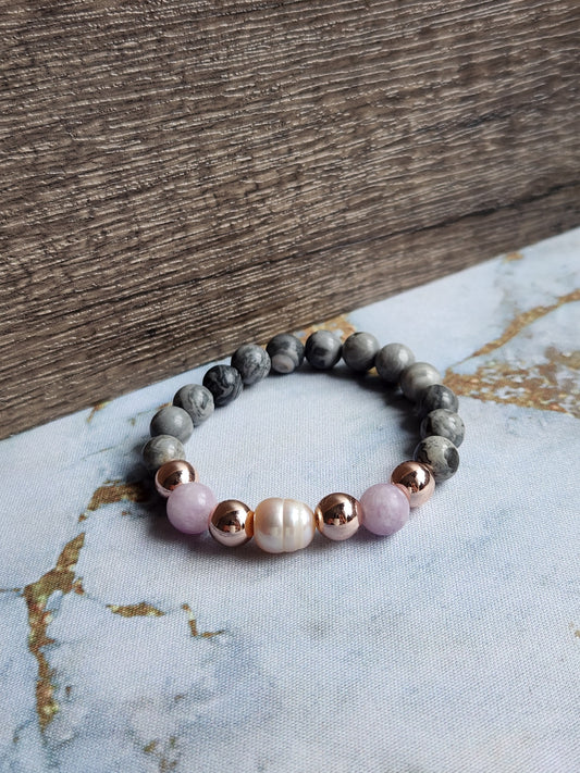 Rose Gold Amethyst, Grey Jasper and Pearl Bracelet